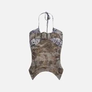Aelfric Eden Belted Halter Top Slim Fit Halter Neck Tie Detail Belted Waist Accent Camouflage Marble Print Asymmetric Hem  Women's Streetwear Y2K Top