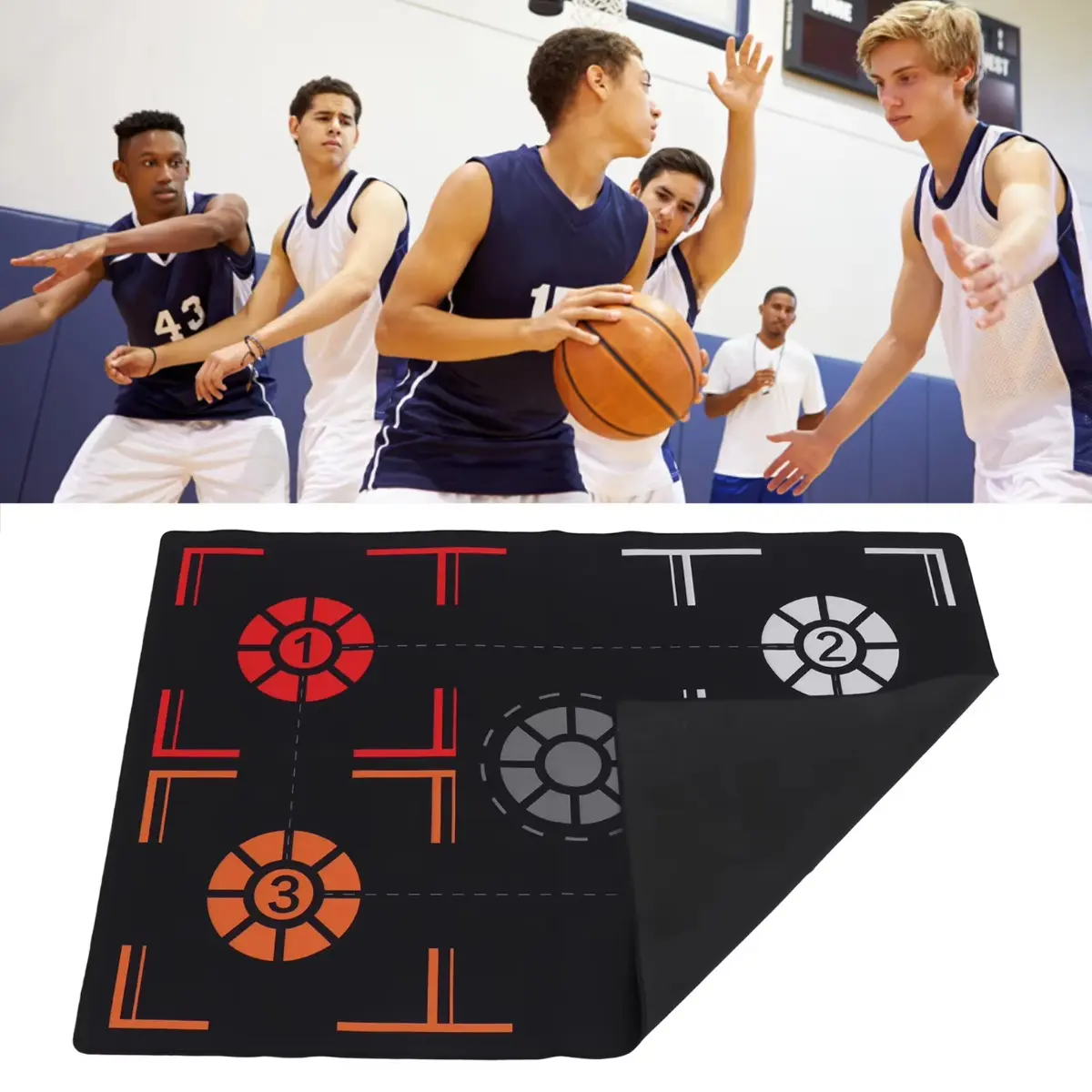Basketball Footstep Training Mat - Anti-Slip Base, Geometric Bright Court-Style Pattern, Classic Red Blue Orange Design, Lightweight Easy to Roll/Store, Machine Wash Durable Indoor Shooting Aid, Modern Kids' Playroom Decor, Wash or Wipe Clean Bath Mat