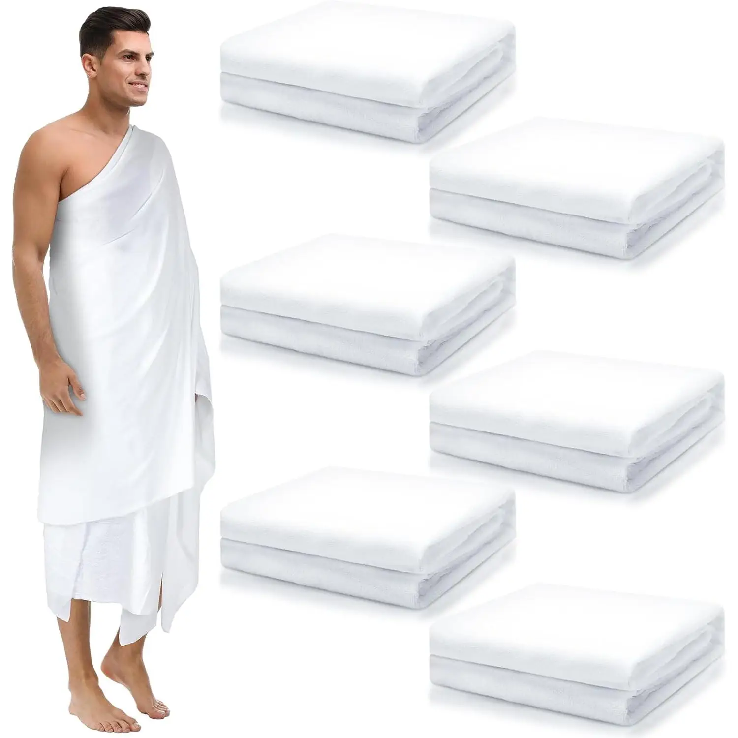 Bismillah 6 Pcs Ahram Ihram Set for Hajj and Umrah – Islamic White Ehram Towels for Men – 41.3 x 82.7 Inches – Pilgrimage Clothing Gift