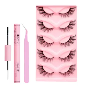 03＃ Fox Eyes 5 Pairs Mixed Colour False Eyelash Set, Eyelash Glue, Eyelash Tweezers, Beginner's Tool, Cat Eye Effect False Eyelashes, Natural Volume Eye Makeup Striped Eyelashes for Women and Girls. Cosmetic