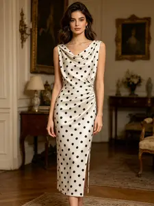 Elegant Office Polka Dot Dress for Women, V-Neck Sleeveless Waist Cinch Ruched Split Long Skirt, Slimming Effect Fashion Dress