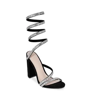 Wild Diva Women's Morris-576 Rhinestone Mirrored Coil Spiral Wrap Strap High Chunky Block Heels