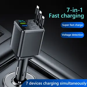 7 in 1 Retractable Car Phone Charger Type C, with One Fast Charge Retractable Charging Cables, Total 3 Retractable Cable For IPhone Huawei Samsung, Universal Car Adapter