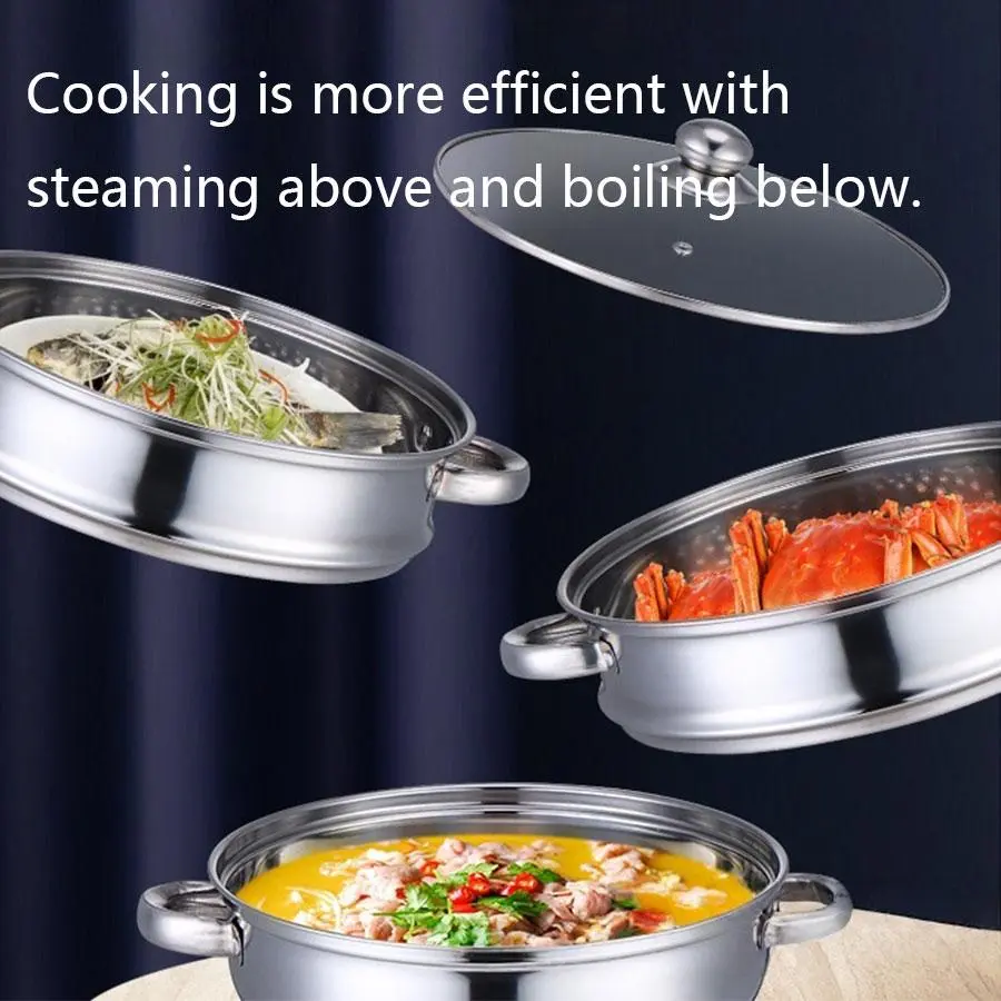 304 Stainless Steel Steamer Pot For Cooking, Boil Below, Thickened 28CM/30CM/32CM Dual Handle Soup Steamer, Single/Double/Triple Layer Cookware Kitchen Gift