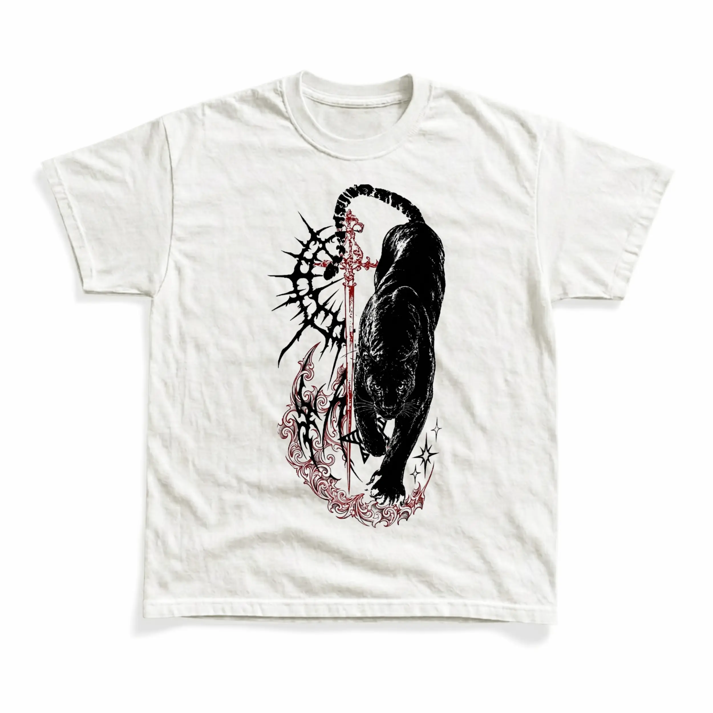 Gildan Men's and Women's T-Shirt, Vintage Black Panther & Sword Graphic Tee, Gothic Dagger Thorn Crown Shirt, Cyber Sigilism Tattoo Top, Y2K Grunge Dark Aesthetic Streetwear Clothes, Cool Goth Art Gift Idea, Retro Alt Apparel Unisex