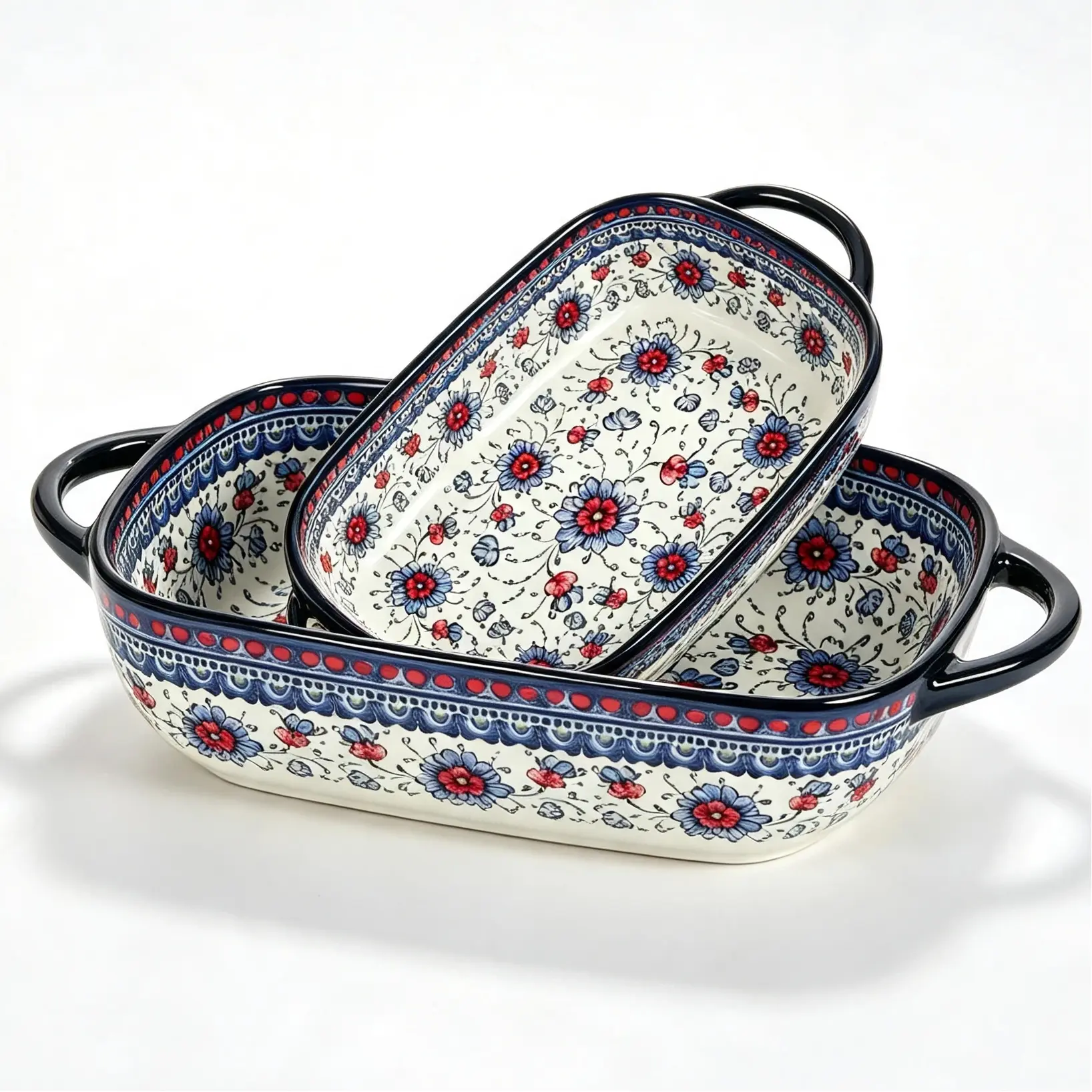 2 Pieces Ceramic Casserole Dishes for Oven, Hand-painted Polish Pottery Baking Dish Set of 2, 0.8QT / 2QT Porcelain Casserole Dish with Handles, Baking Pan Lasagna Pan, Gift for Family/Friend