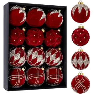 12PCS Burgundy Velvet Ornaments - Christmas Balls Ornaments - 80mm Glitter Christmas Tree Decoration with a Delicate Black Gift Box for Xmas, Parties, Decorations