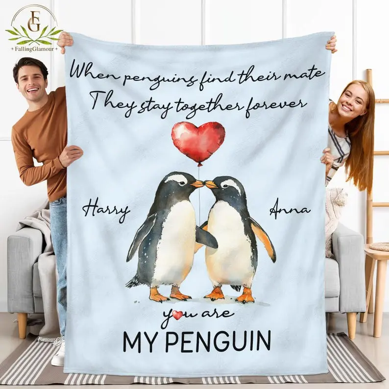 Personalized Penguin Couple Fleece Blankets & Quilt Blankets - The Perfect Warm Gift for Everyone - Bring Comfort and Joy to Your Loved Ones - A Thoughtful Present for Friends, Family, and Partners