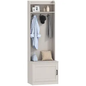 HOMCOM Narrow Hall Tree with Shoe Storage Bench, Rustic Entryway Bench with Coat Rack, Accent Coat Tree with Storage Shelves for Hallway, Mudroom, Brown, Built-In Storage Cabinets, Narrow Cabinets
