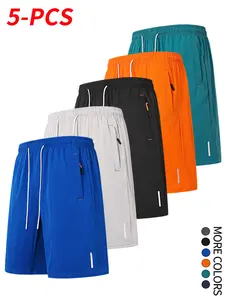 Men’s casual solid-color shorts, 5 pieces; ice silk fabric for breathability; drawstring waist; pockets and zipper; suitable for summer wear; men’s everyday bottoms
