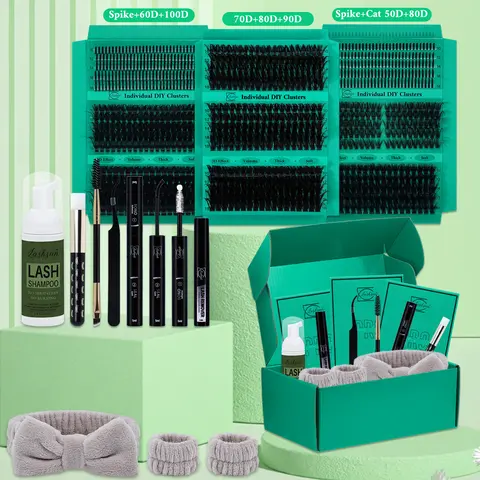 970 pcs Lash Clusters Set D Curl 9 Styles Mix10-18mm with Bond&Seal Lash Remover Brush Lash Applicator Eyelash Tools and Lash Shampoo & Brush, DIY at Home, Eyelash Extension Kit, Volume Lash Extension, Eyelash Extension Supplies