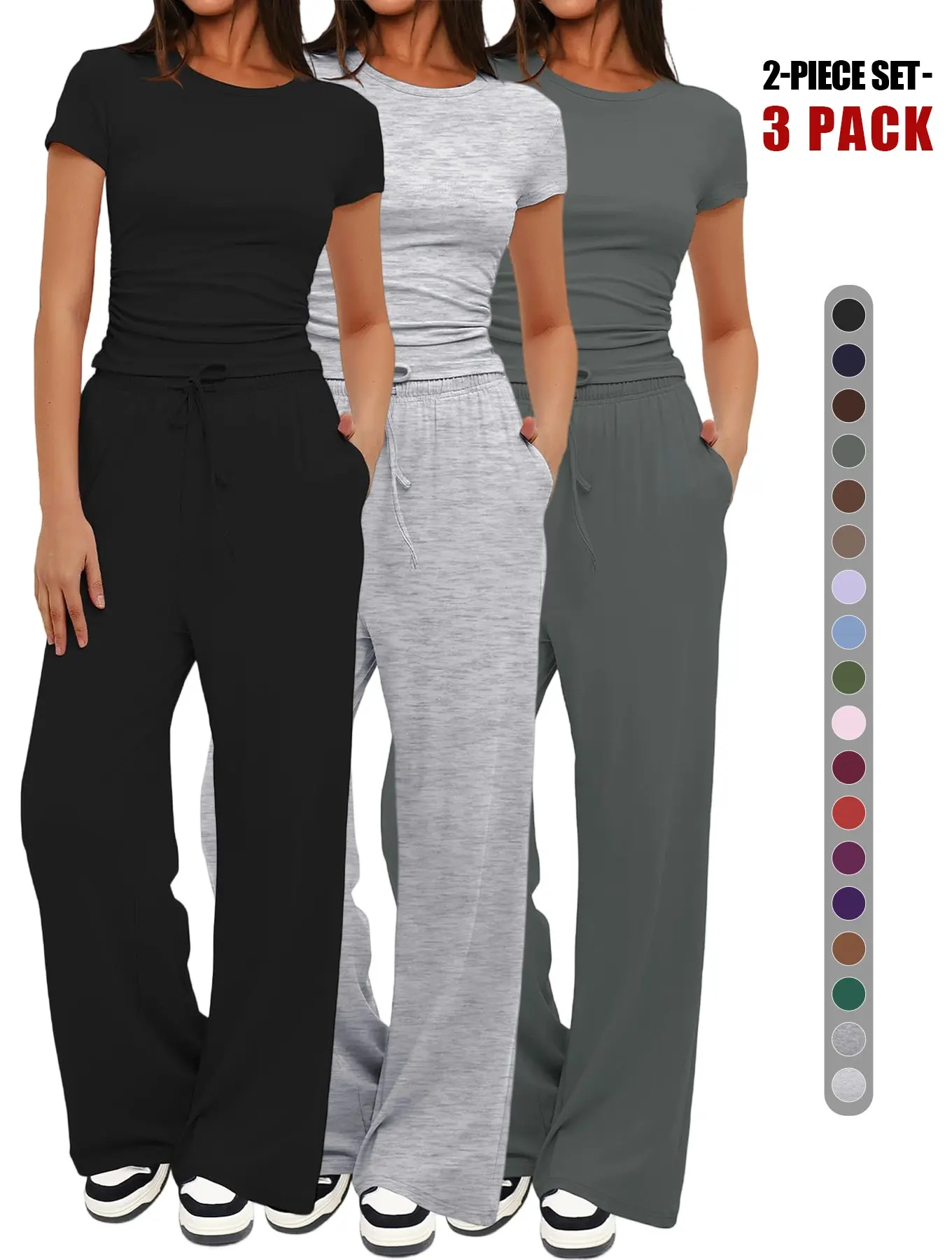 Women's Spring Summer Casual Everyday Clothes Set, Round Neck Short Sleeve Top & Wide Leg Pants, Slim Fit Home Wear, 2 Piece, Ruched Design, Drawstring, Womenswear