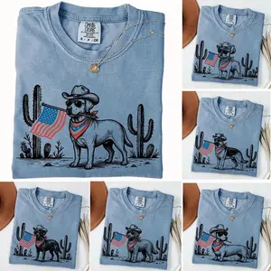 Comfort Colors Patriotic Dog Cowboy Shirt, 50+ Dog Breeds, 4th of July Western Tee, USA Flag Dog Lover Shirt, Independence Day Outfit Women Men
