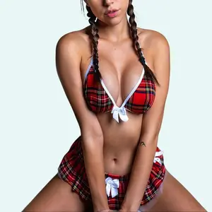 Brand Name - Sexy Lingerie School Girl Sleepwear Dress, Comfortable Womenswear, Multicolor Plaid Spaghetti Strap, Suitable for All Ages