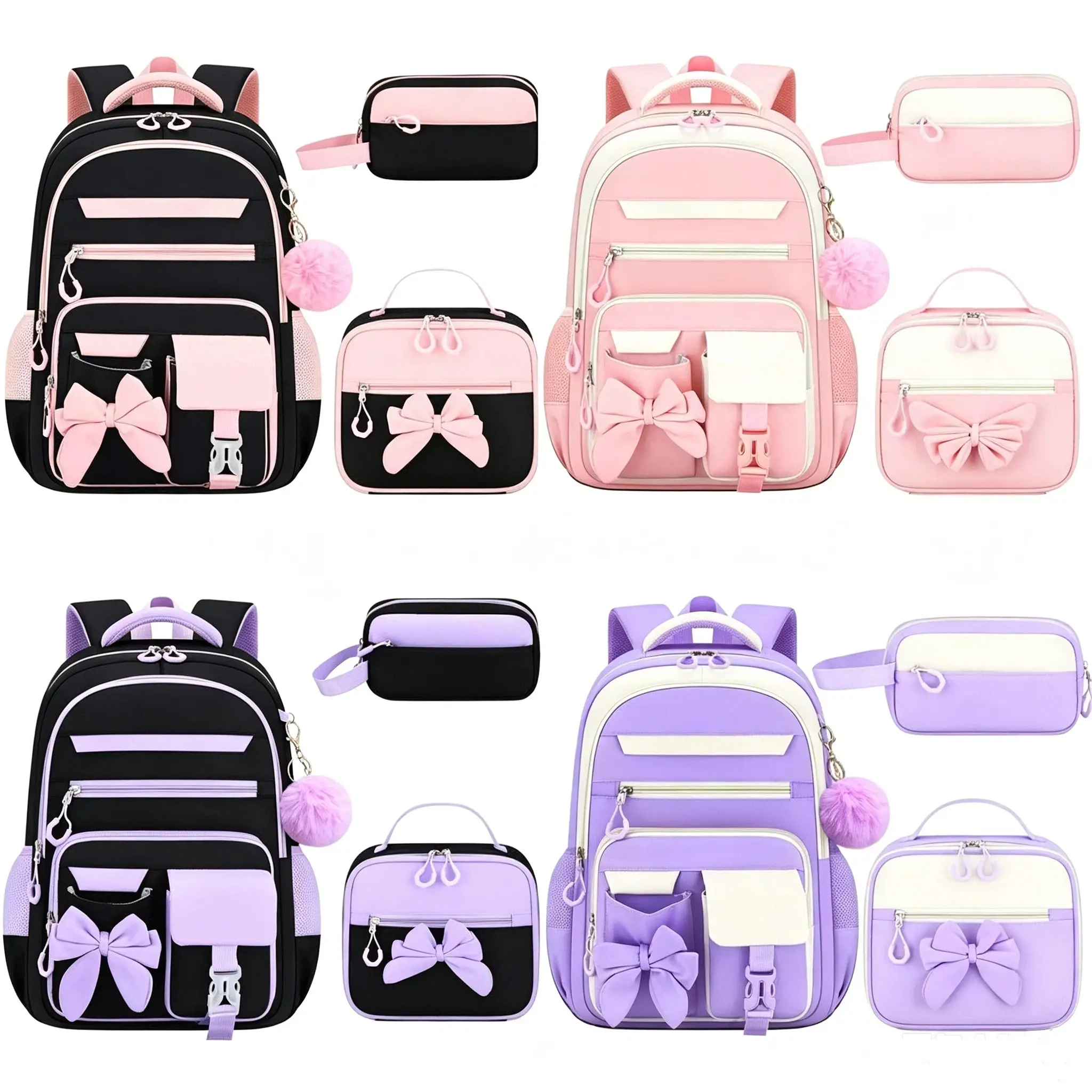 Cute Bow & Pom-Pom 3-Piece Backpack Set | Aesthetic School Bags for Girls,Teens Bookbag & Crossbody Purse