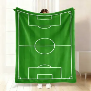 Green Football Field Theme Print Flannel Blanket - Pattern Printed Flannel Blanket - Comfortable Blanket, Soft And Warm, Four Seasons Universal, Suitable For Bed, Sofa, Office And Outdoor Blanket