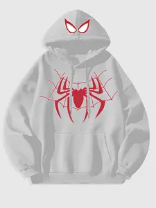 Men's Black Spider-Man Graphic Hoodie with 3D Red Spider Logo and Web Design, Soft Fleece Pullover for Superhero Fans and Casual Streetwear