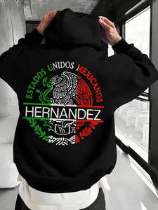 Men's Mexican Coat of Arms Hernandez Family Name Print Fleece Hoodie, Graphic Hoodies, Casual Versatile Hooded Top for Fall & Winter Outdoor Wear
