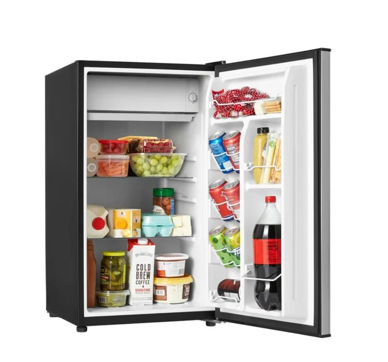 Galanz 3.3 Cu ft One Door Mini Fridge, Estar, Stainless Steel Look, New