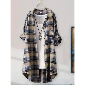 Versatile Green & Beige Plaid Mid-Length Shirt - Casual, Loose Fit with Collar, Machine Washable Polyester, Ideal All Seasons