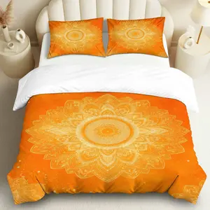 3PCS Duvet Cover Set, 1 Duvet+2 Pillowcases(Without filler), Bohemian Mandala Orange Vibrant Floral Art theme, Thanksgiving bedding set, Luxury Stylish Modern Suitable for decoration Bedroom Living Room Guest Room Hotel, Decorative Duvet Cover, Bed Sets