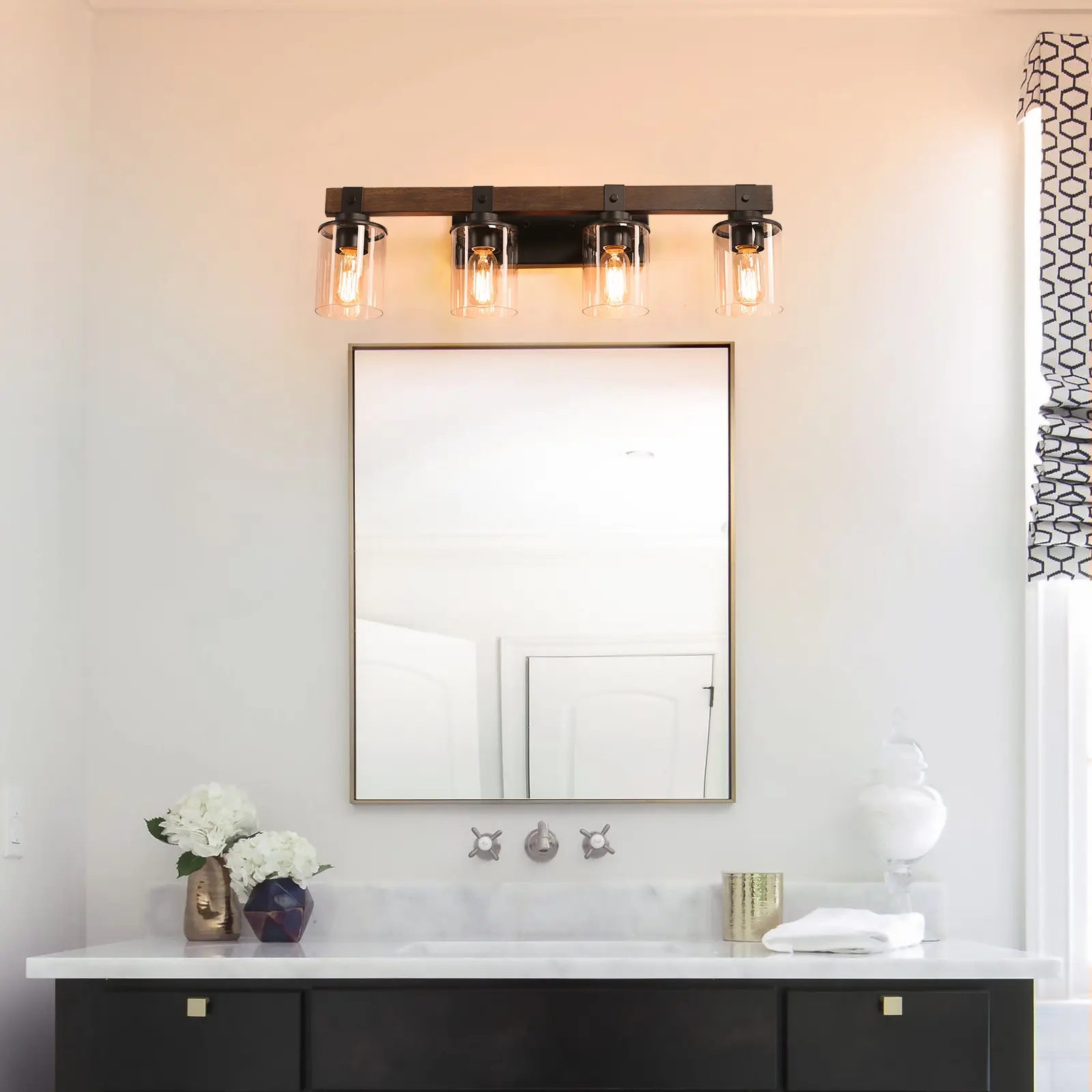 Bathroom Vanity Light Fixtures 4 lights, Wooden Farmhouse Vanity Lights Rustic Bathroom Lights over Mirror with Clear Glass Shade Black Industrial Wall Sconce for Bathroom Bedroom Hallway Kitchen 27.2inch