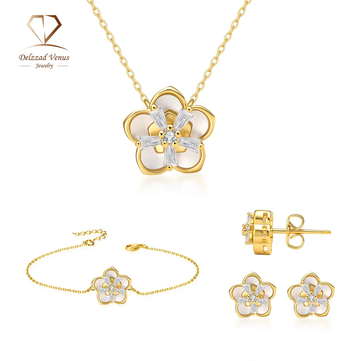 DELZZAD Bloom Sonata 3-Piece Copper Jewelry Set with Cubic Zirconia, Gold-Tone Necklace, Bracelet, and Earrings for Engagement, Anniversary, Adults, Gift, Bracelet: 17+2.5Cm, Daily, Floral, Necklace: 40+5Cm, Party, Wedding, Flower Necklace Set, Matching J