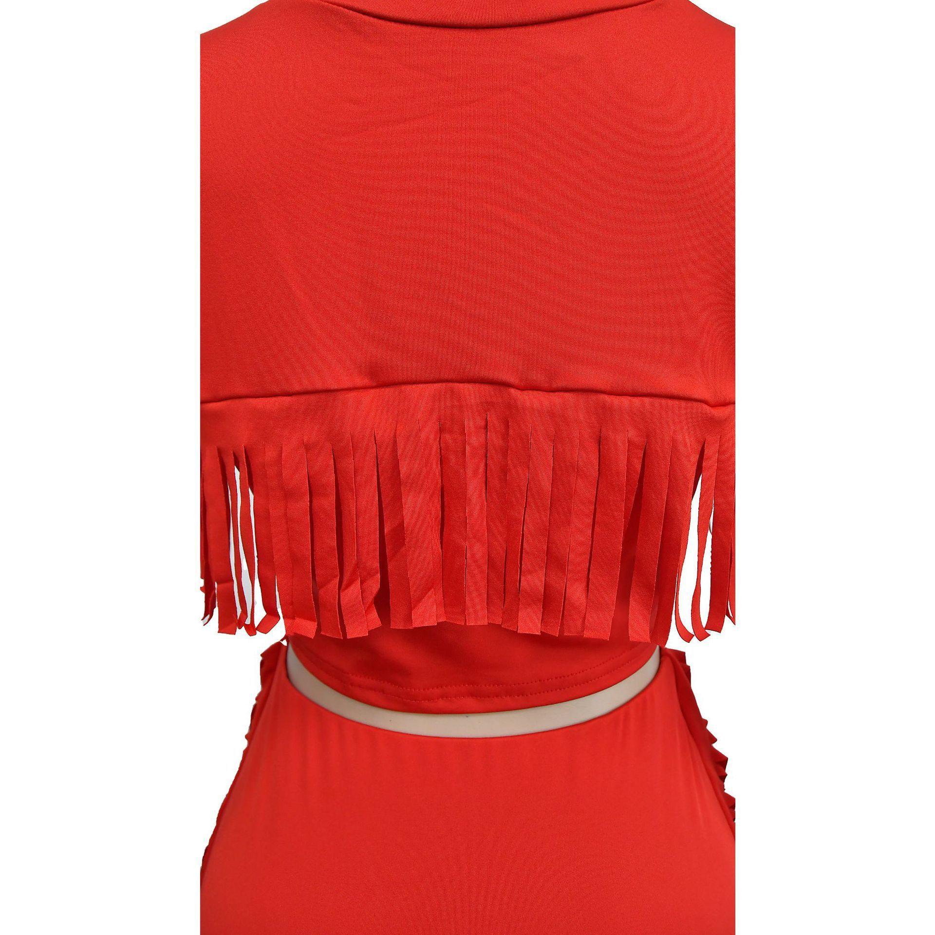 FashionableStyle Solid Color Fringe Round Neck Short Sleeve Long Dress Two-Piece Set