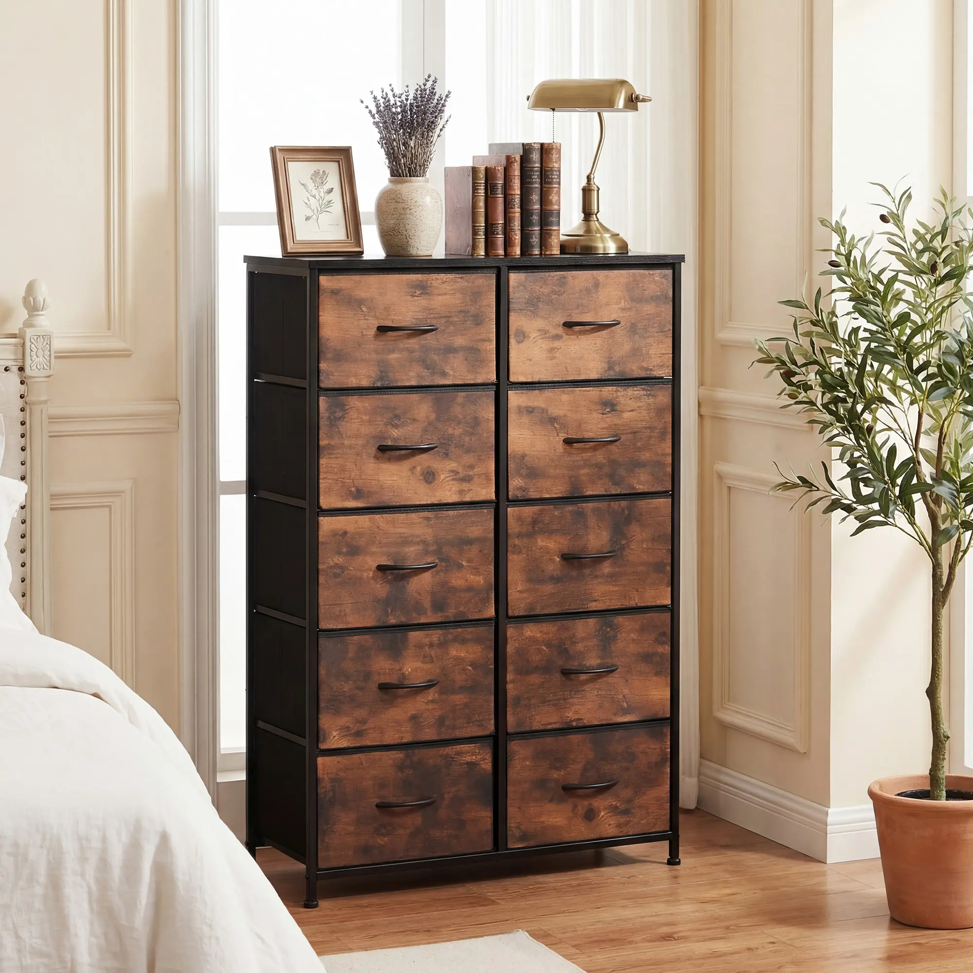 DUMOS Tall Fabric Storage Tower Dresser with 10 Drawers & Wood Top, Dressers for Adults, Ideal for Bedroom & Entryway Indoor Furniture for Clothing Organization