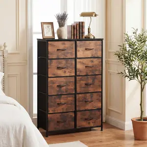 DUMOS Tall Fabric Storage Tower Dresser with 10 Drawers & Wood Top, Bedroom Dresser for Adults, Ideal for Bedroom, Nursery, Entryway Indoor Furniture Storage