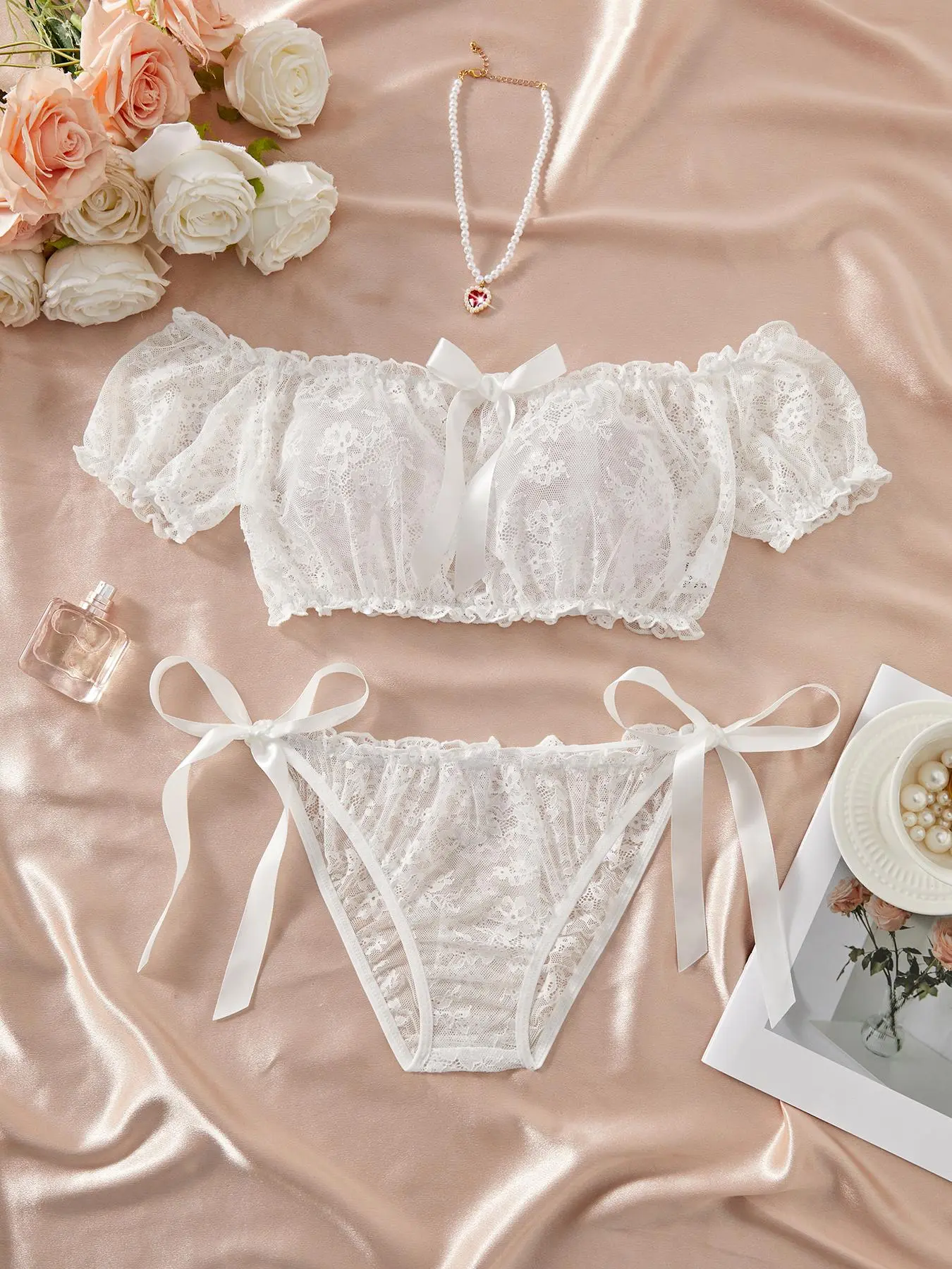Y1139 Women's Sexy Mesh Floral Lace One Shoulder Lingerie Set, Fitted Casual  Design for All Seasons, Stylish Polka Dot Pattern, White - TikTok Shop