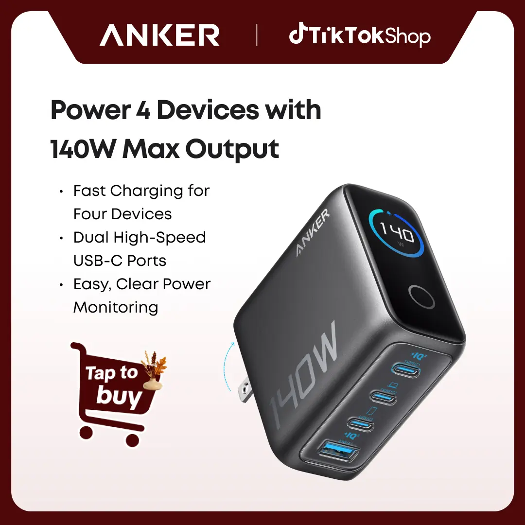 Anker AI Smart Display USB C Charger Plug, 140W GaN 4-Port Type C Power Adapter with LCD, Foldable Design, Intuitive Touch Controls, Fast Multi-Device Charging, Compatible with MacBook, iPhone 17/16 Series, Samsung, Pixel, Father's Day Gift