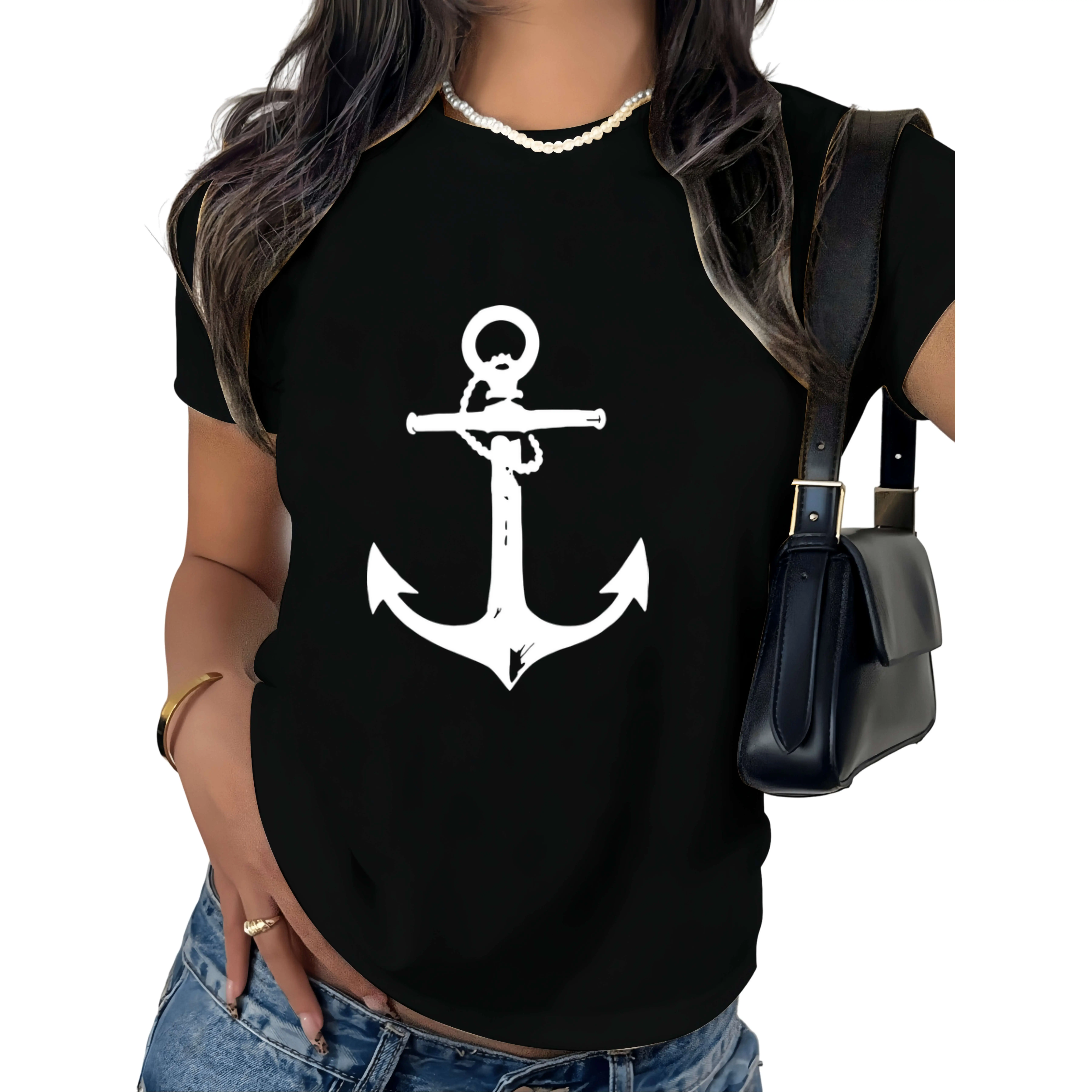 Boat Anchor T Shirts for Women, Round Neck S Tee Short Sleeve, for Spring, Summer & Autumn - Women's Fashion Clothing for Casual Attire Apparel Athletic