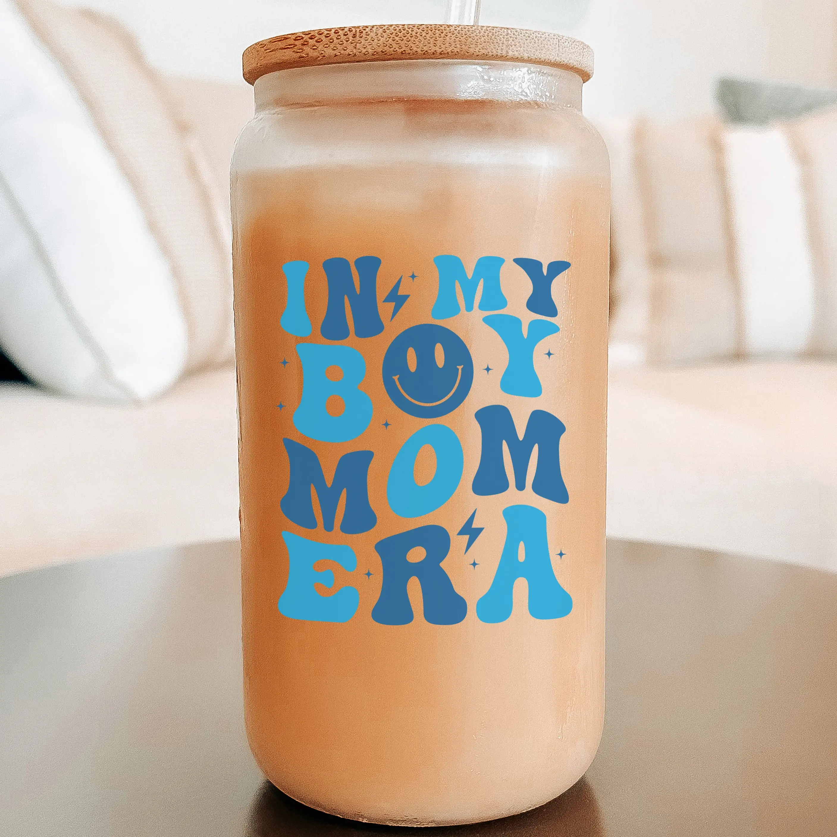 Retro in My Boy Mom Era 16oz Glass Tumbler with Lid & Plastic and Glass Straws