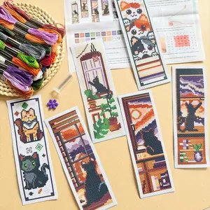 6-Piece Cat Theme Cross Stitch Bookmark Kit, Beginner-Friendly DIY Craft Set, Includes Fabric, Threads, Tools, Instructions