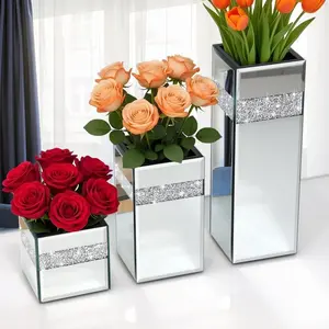 3 Piece Rhinestone Mirror Vase Set, Small Medium Large, Crystal Silver Color Glass, Elegant Decorative Vases, Luxury Home Decoration, Not Water-Tight