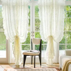 Ruffle Curtains 2 Panels - Vintage Tulle Floral Lace Cream Sheer Curtains 84 Inches Long, Decor Rod Privacy Ruffled Curtains for Living Room, 59 x 84 Inch, Ivory