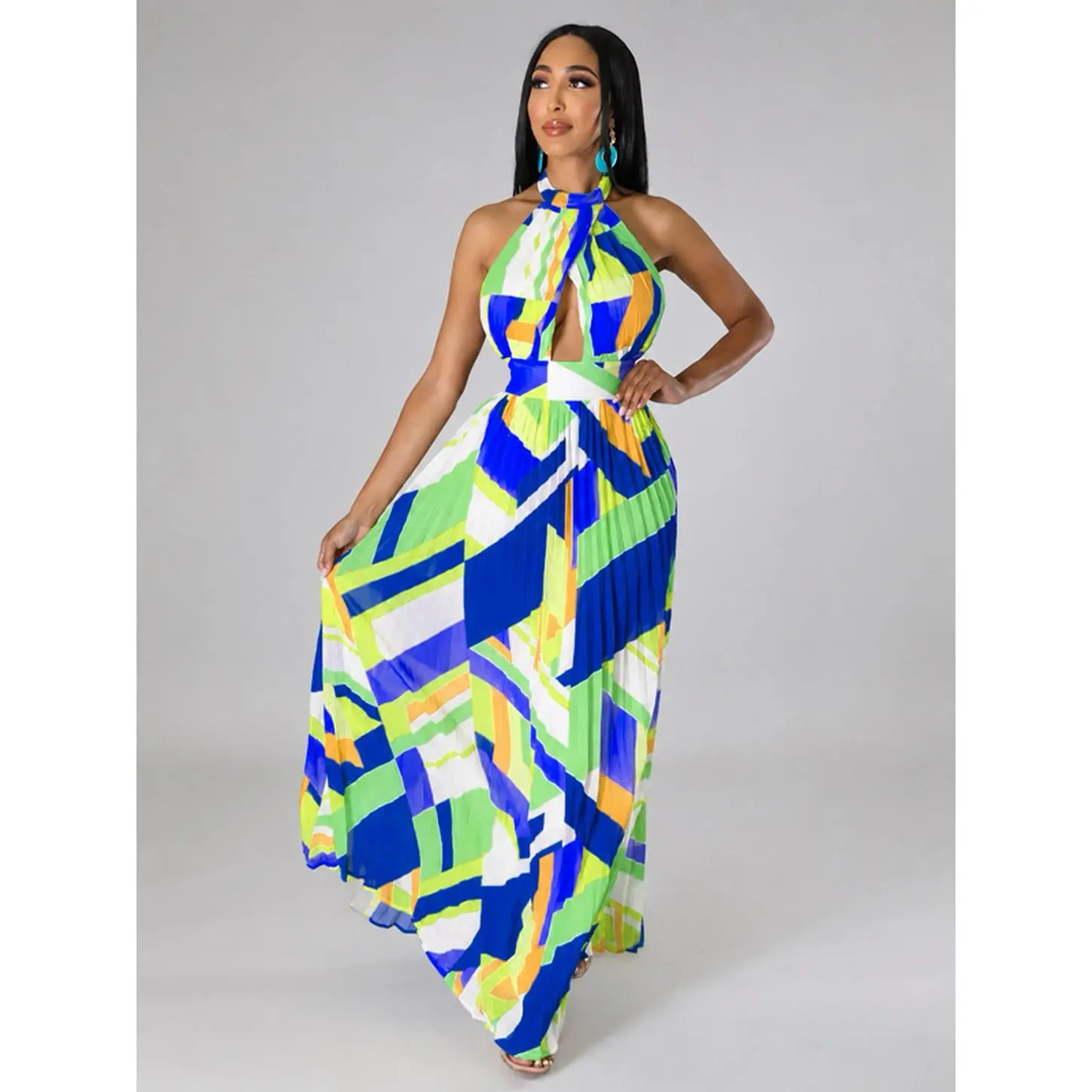 Halter Neck Geometric Print Pleated Maxi Dress in Black Green Blue Red 100% Polyester No Stretch Not Lined Machine Wash Cold Tumble Dry Low
