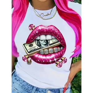 Short-Sleeved T-Shirt with Graphic Prints of Beautiful Lips, Diamonds, Gemstones, And Dollar Signs, Casual Crew Neck Top for Spring And Summer, Women'S Clothing