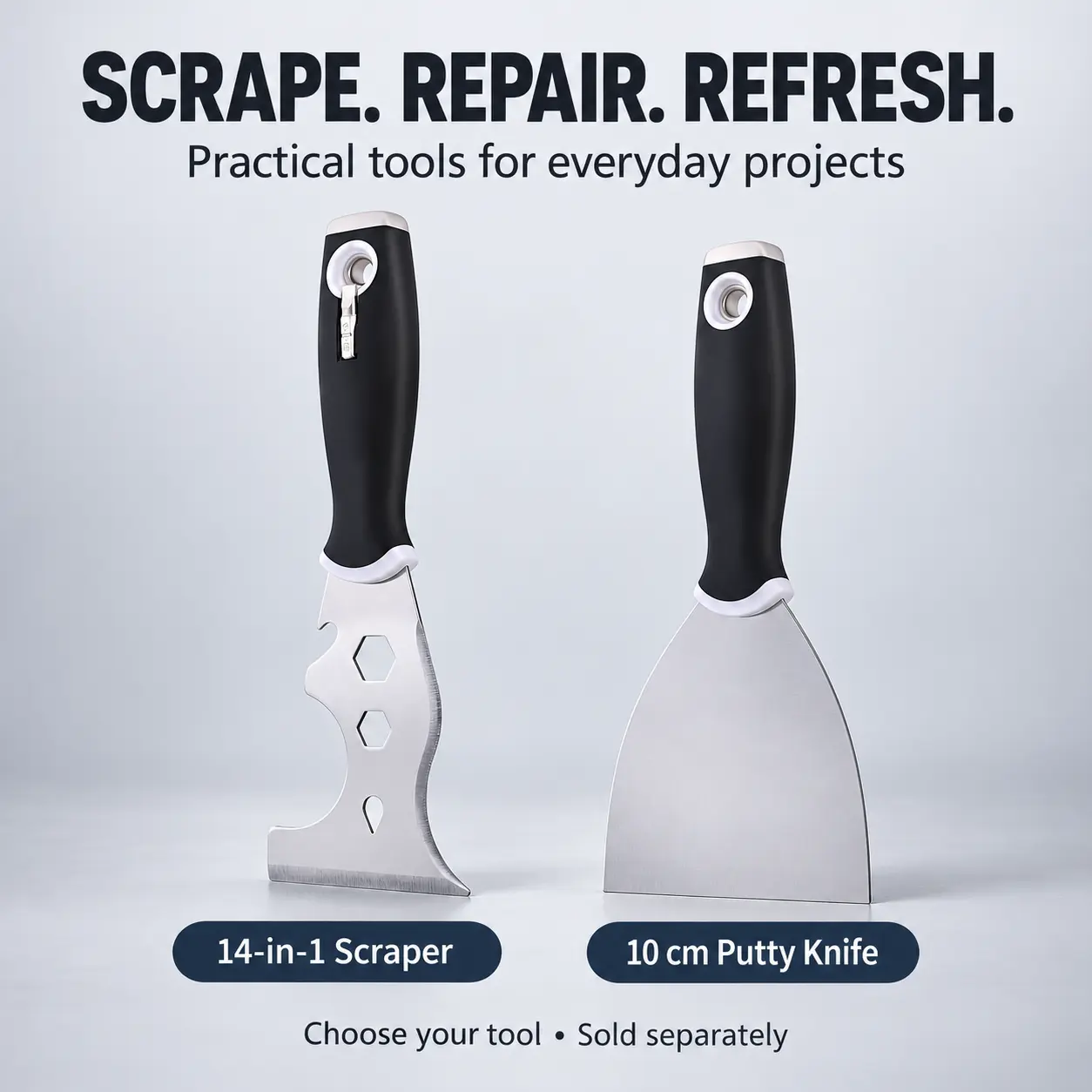 14-in-1 Multi-Function Scraper or 10cm Putty Knife, Steel Blade Hand Tool for Wall Patching, Paint Removal & Home Repairs