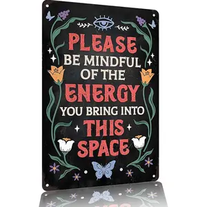"Mindful Energy" Metal Sign 12x8 Inches – Aluminum Boho & Spiritual Wall Decor with Floral & Butterfly Accents