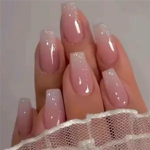 Bling Coffin Press on Nails Fake Nails Tips Full Cover Medium False Gradient Nails for Women and Girls 24PCS (Coffin pink)