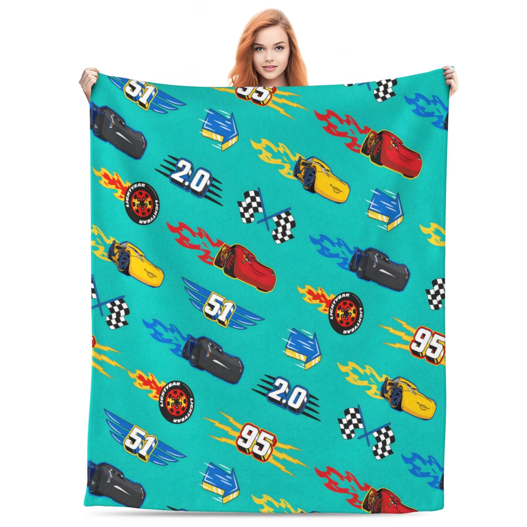[SummerVibes] DISNEY CLASSIC Cars Throw Blanket – Lightning McQueen, and Racing Elements with Checkered Flags and Speed Numbers on Vibrant Teal Background, Soft for Pixar Fans and Race Enthusiasts