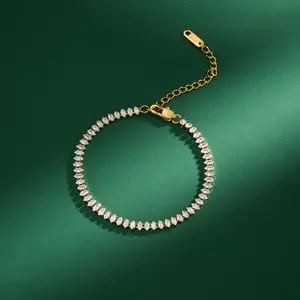 Oufer 18K Gold Plated Marquise Cut CZ Bracelets for Women-Stainless Steel Waterproof 16cm+5cm