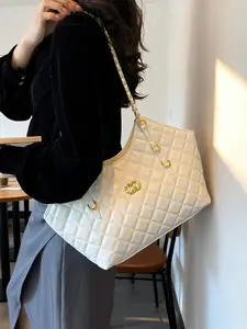 Korean Style Light Quilted Soft Leather Tote Bag, Metal Chain Shoulder Strap, Large Capacity, lightweight shoulder bag, Casual Office Bag for Women