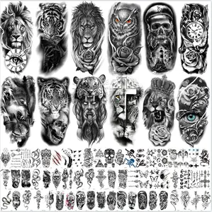 72 Sheets 3D Black Tribal Realistic Lion Temporary Tattoos for Men Women Adults, Bulk Tiger Wolf Warrior Gladiator Temp Skull Skeleton Halloween Fake Half Arm Sleeve Tattoos Stickers Legs Kit Costume Party Home Decor Fun