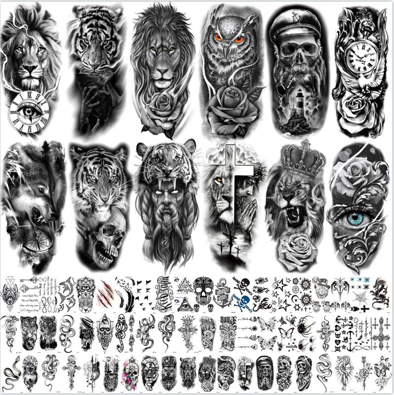 72 Sheets 3D Black Tribal Realistic Lion Temporary Tattoos for Men Women Adults, Bulk Tiger Wolf Warrior Gladiator Temp Skull Skeleton Halloween Fake Half Arm Sleeve Tattoos Stickers Legs Kit Costume Party Home Decor American Pride Day  scene accessories