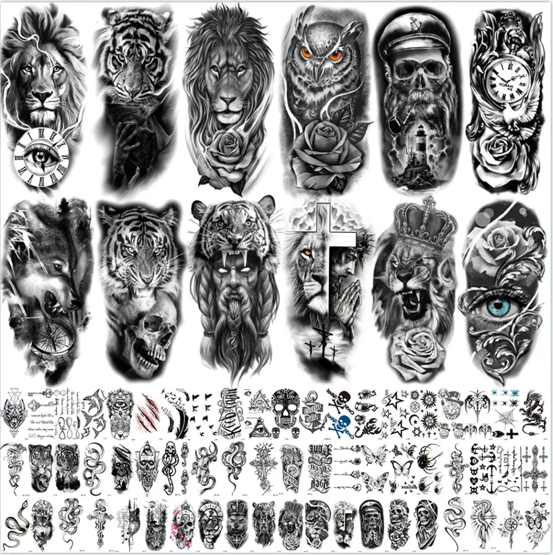 72 Sheets 3D Black Tribal Realistic Lion Temporary Tattoos for Men Women Adults, Bulk Tiger Wolf Warrior Gladiator Temp Skull Skeleton Halloween Fake Half Arm Sleeve Tattoos Stickers Legs Kit Costume Party Home Decor American Pride Day  scene accessories