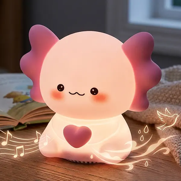 Trendy Kawaii Axolotl Baby Night Light – Calming White Noise Lamp with 7-Color RGB, Voice-Guided Breathing, Piano & Baby-Breath Sounds, BPA-Free Silicone, Tap Control & Bluetooth Ready