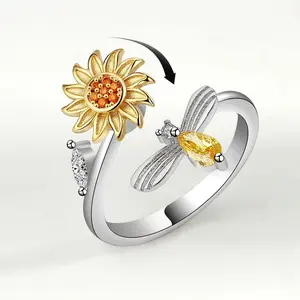 2pcs-Worry Ring - Sunflower & Dragonfly Spinner Fidget Rings for Stress Relief - Perfect Gift for Valentine's Day Mother's Day & Friends - Adjustable Size & Compact Design